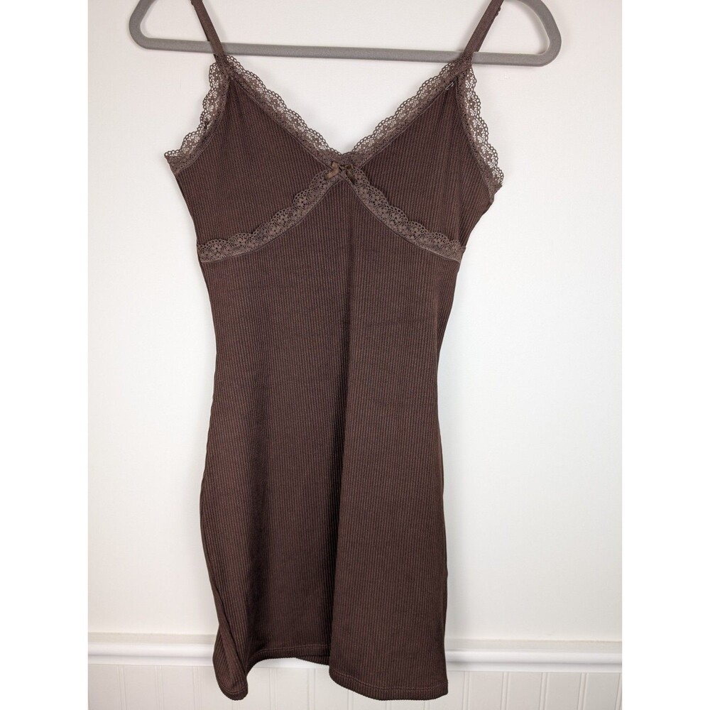 H&M Divided Tank Top Ribbed Baby Doll Lace Trim Y2K Long Size Small Brown Fairy